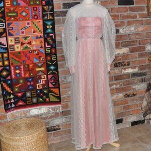 Vintage 80s Neiman Marcus Ivory Lace Overlay Pink Long Gown Dress ILGWU XXS